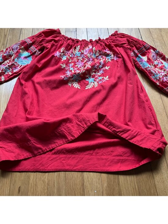 Free People Size S Red Fleur Du Jour Floral Embroidered Boho Off Shoulder Dress - Picture 14 of 16